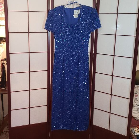 Joan Leslie Studio Blue Sequin/Bead Silk Cocktail Dress - Picture 1 of 8